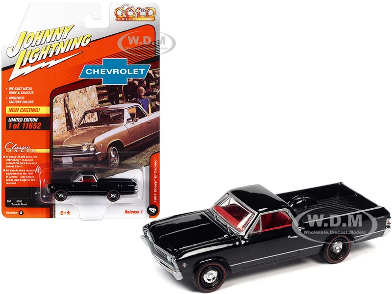 1967 Chevrolet El Camino Tuxedo Black with Red Interior "Classic Gold Collection" Series Limited Edition to 11652 pieces Worldwide 1/64 Diecast Model Car by Johnny Lightning - Chevrolet Models