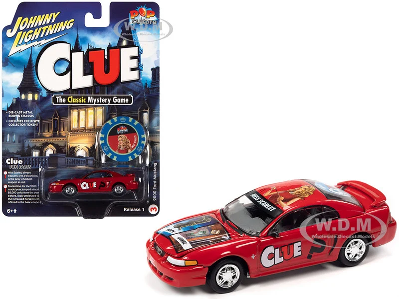 2000 Ford Mustang "Miss Scarlet" Red with Graphics with Poker Chip (Collector Token) "Modern Clue" "Pop Culture" 2022 Release 1 1/64 Diecast Model Car by Johnny Lightning - Ford Models