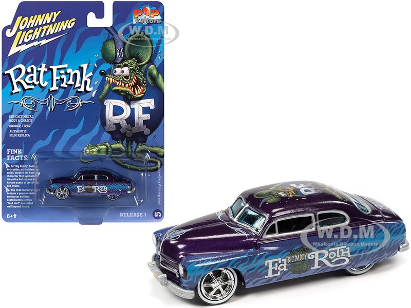 1949 Mercury Coupe Custom Purple Metallic with Graphics "Rat Fink" "Pop Culture" 2022 Release 1 1/64 Diecast Model Car by Johnny Lightning - Mercury Models