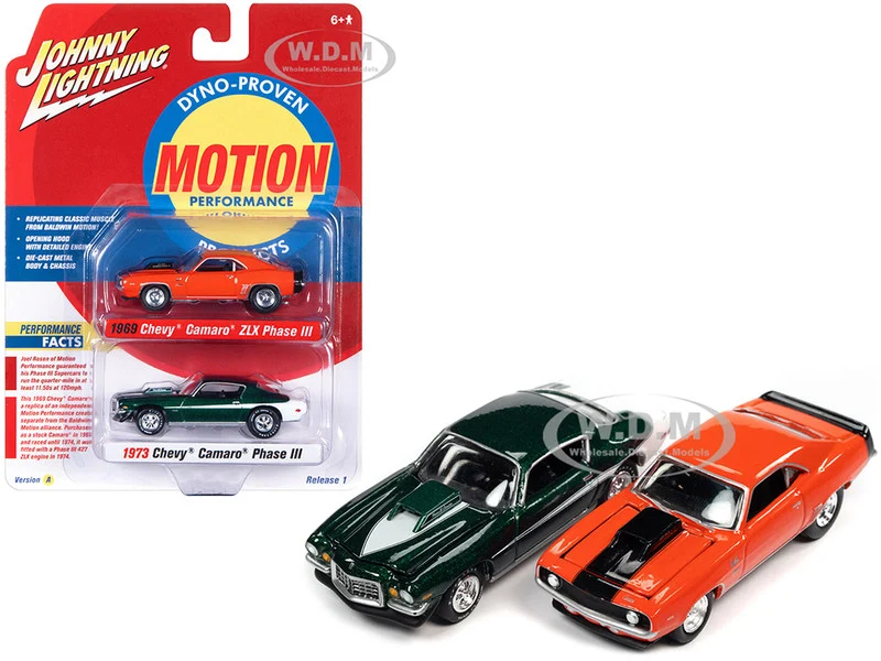 1969 Chevrolet Camaro ZLX Phase III Hugger Orange with Black Stripes and 1973 Chevrolet Camaro Phase III Dark Green Metallic and White "Baldwin Motion" Set of 2 Cars 1/64 Diecast Model Cars by Johnny Lightning - Chevrolet Models