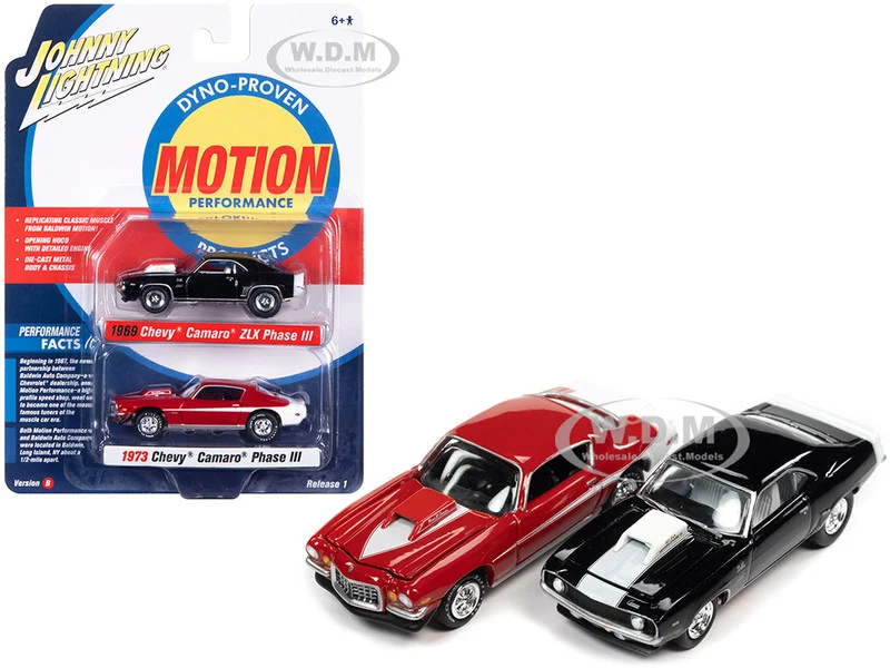 1969 Chevrolet Camaro ZLX Phase III Black with White Stripes and 1973 Chevrolet Camaro Phase III Medium Red and White "Baldwin Motion" Set of 2 Cars 1/64 Diecast Model Cars by Johnny Lightning - Chevrolet Models