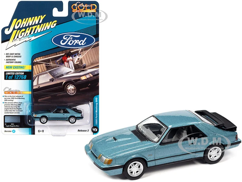 1986 Ford Mustang SVO Light Regatta Blue Metallic with Black Stripes "Classic Gold Collection" Series Limited Edition to 12768 pieces Worldwide 1/64 Diecast Model Car by Johnny Lightning - Ford Models