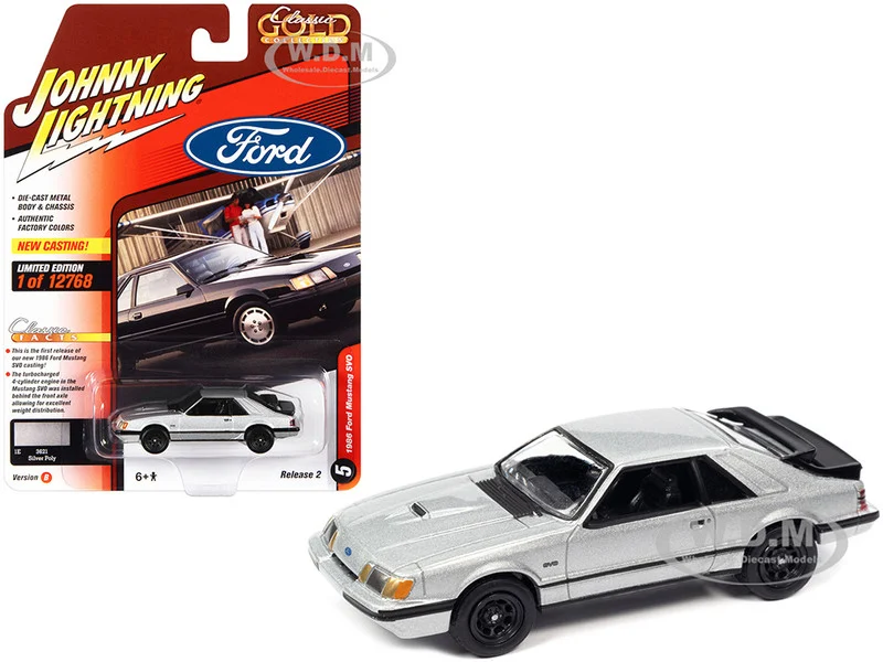 1986 Ford Mustang SVO Silver Metallic with Black Stripes "Classic Gold Collection" Series Limited Edition to 12768 pieces Worldwide 1/64 Diecast Model Car by Johnny Lightning - Ford Models