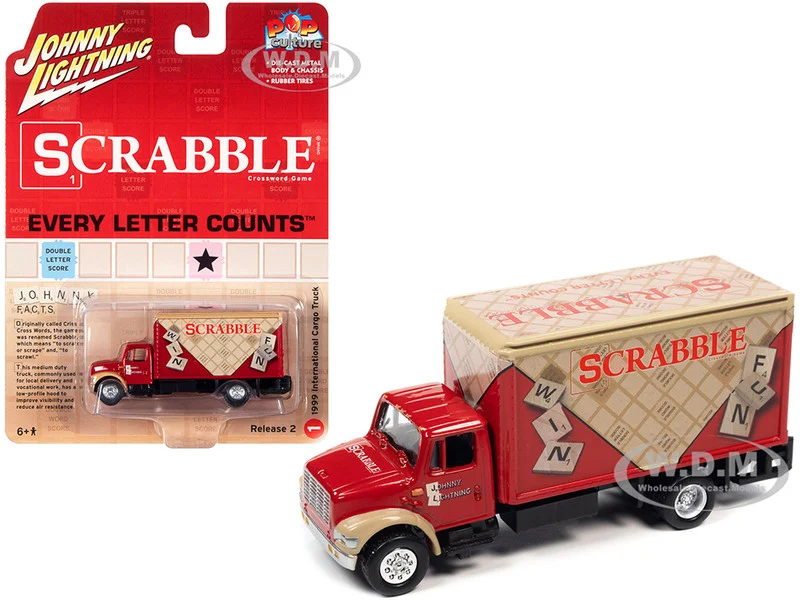 1999 International Cargo Truck Red with Graphics "Scrabble" "Pop Culture" 2022 Release 2 1/64 Diecast Model Car by Johnny Lightning - International Models