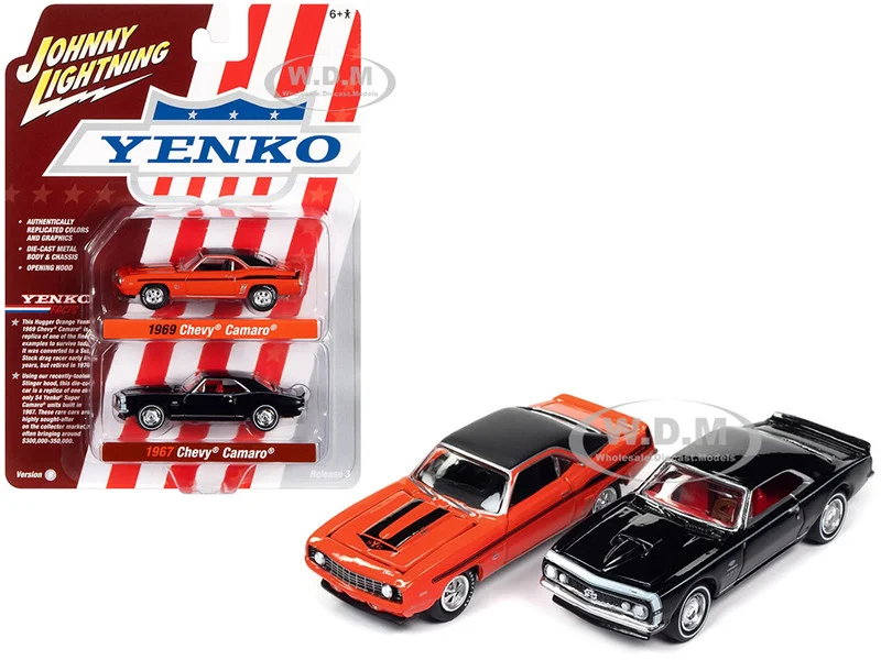 1969 Chevrolet Camaro Hugger Orange with Black Top and Stripes and 1967 Chevrolet Camaro Black with White Stripe and Red Interior "Yenko" Series Set of 2 Cars 1/64 Diecast Model Cars by Johnny Lightning - Chevrolet Models