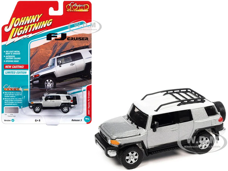 2007 Toyota FJ Cruiser Titanium Silver Metallic with White Top and Roofrack "Classic Gold Collection" Series Limited Edition 1/64 Diecast Model Car by Johnny Lightning - Toyota Models