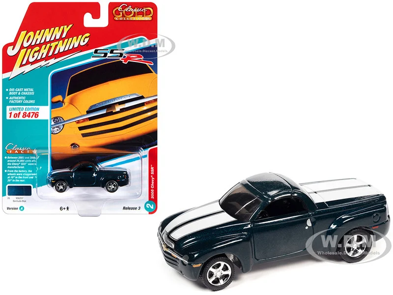 2005 Chevrolet SSR Pickup Truck Bermuda Blue Metallic with White Stripes "Classic Gold Collection" Series Limited Edition to 8476 pieces Worldwide 1/64 Diecast Model Car by Johnny Lightning - Chevrolet Models