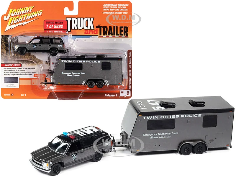 1997 Chevrolet Tahoe "SWAT" Custom Gray Metallic and Black with "Twin Cities Police" Camper Trailer Limited Edition to 9892 pieces Worldwide "Truck and Trailer" Series 1/64 Diecast Model Car by Johnny Lightning - Chevrolet Models