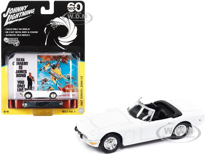1967 Toyota 2000 GT Convertible RHD (Right Hand Drive) White 007 (James Bond) "You Only Live Twice" (1967) Movie with Collectible Tin Display "Silver Screen Machines" Series 1/64 Diecast Model Car by Johnny Lightning - Movie/TV Series Models