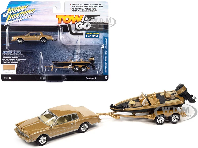 1980 Chevrolet Monte Carlo Light Camel Gold Metallic with Bass Boat and Trailer Limited Edition to 7264 pieces Worldwide "Tow & Go" Series 1/64 Diecast Model Car by Johnny Lightning - Chevrolet Models