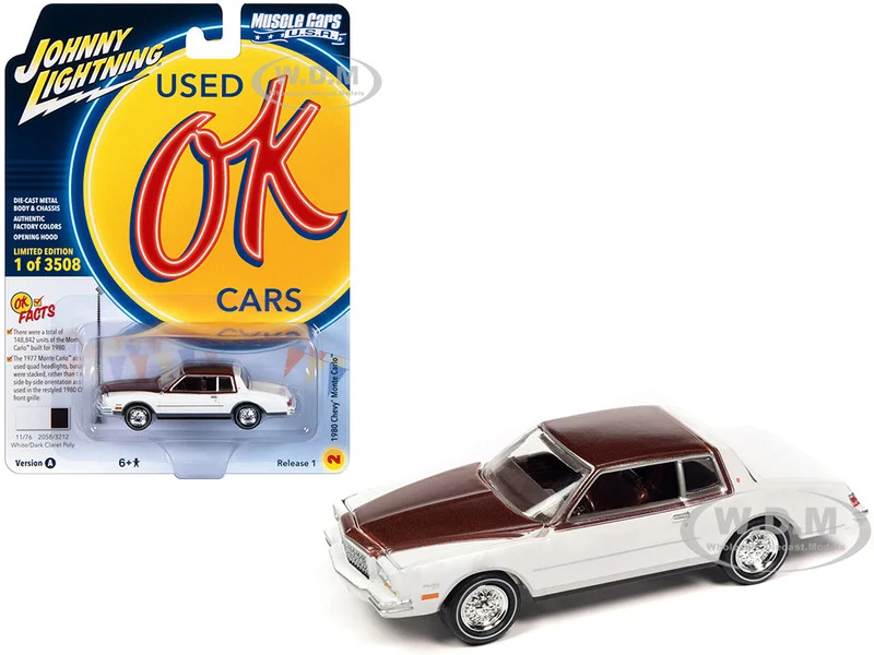 1980 Chevrolet Monte Carlo White and Dark Claret Brown Metallic Top and Hood Limited Edition to 3508 pieces Worldwide "OK Used Cars" 2023 Series 1/64 Diecast Model Car by Johnny Lightning - Chevrolet Models