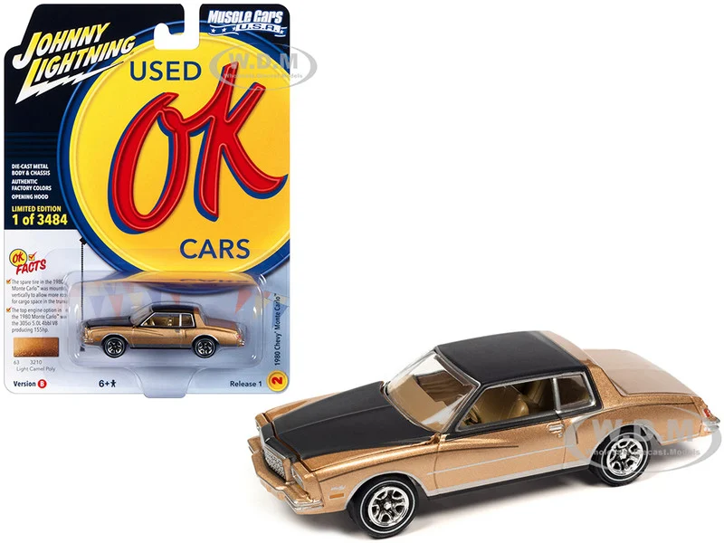 1980 Chevrolet Monte Carlo Light Camel Gold Metallic with Black Top and Hood Limited Edition to 3484 pieces Worldwide "OK Used Cars" 2023 Series 1/64 Diecast Model Car by Johnny Lightning - Chevrolet Models