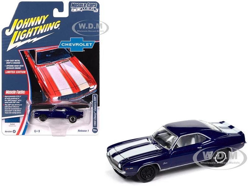 1969 Chevrolet Camaro Z28 Blue Metallic with White Stripes and Interior "Muscle Cars USA" Series 1/64 Diecast Model Car by Johnny Lightning - Chevrolet Models