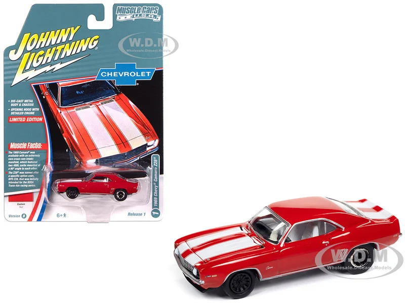1969 Chevrolet Camaro Z28 Red with White Stripes and Interior "Muscle Cars USA" Series 1/64 Diecast Model Car by Johnny Lightning - Chevrolet Models
