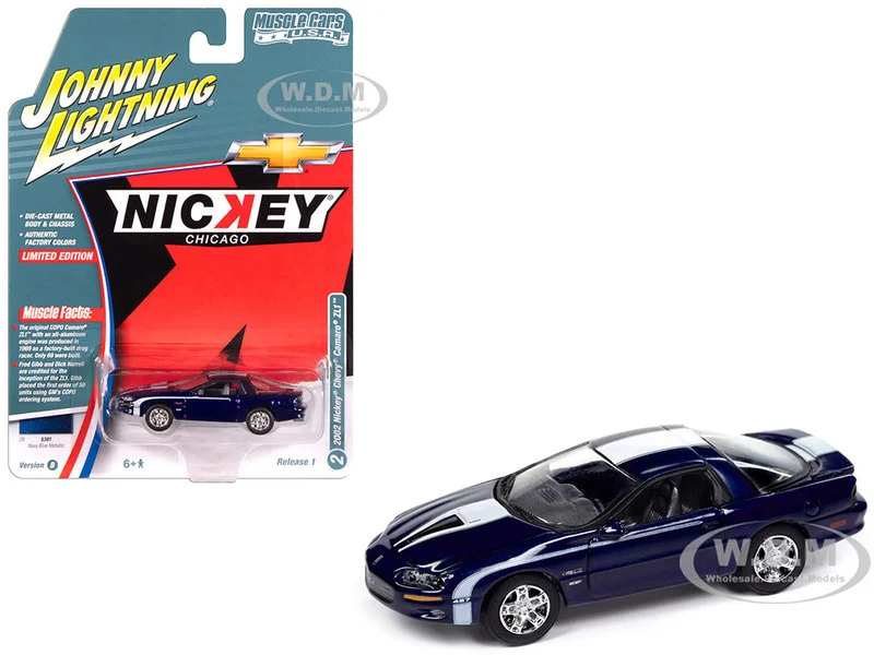2002 Chevrolet Nickey Camaro ZL1 Navy Blue Metallic with White Stripes "Muscle Cars USA" Series 1/64 Diecast Model Car by Johnny Lightning - Chevrolet Models