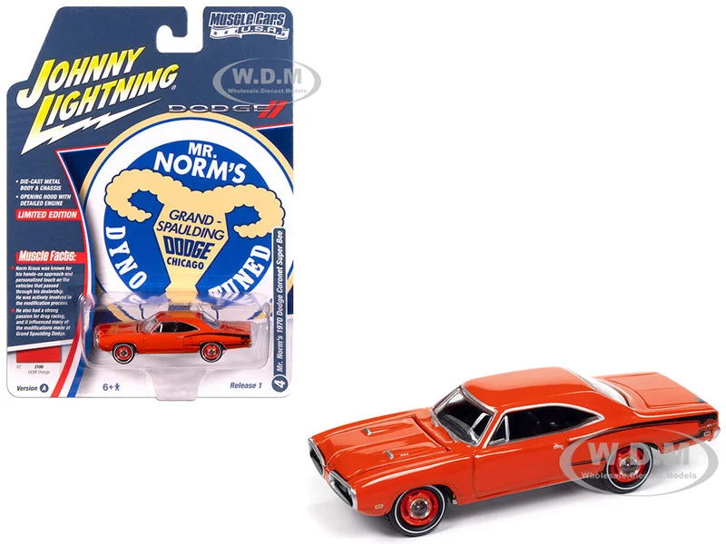 1970 Dodge Coronet Super Bee "Mr. Norm's" Hemi Orange with Black Stripes "Muscle Cars USA" Series 1/64 Diecast Model Car by Johnny Lightning - Dodge Models