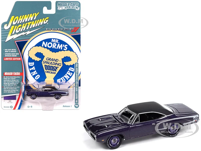 1970 Dodge Coronet Super Bee "Mr. Norm's" Plum Crazy Metallic with Black Top and White Stripes 1/64 Diecast Model Car by Johnny Lightning - Dodge Models