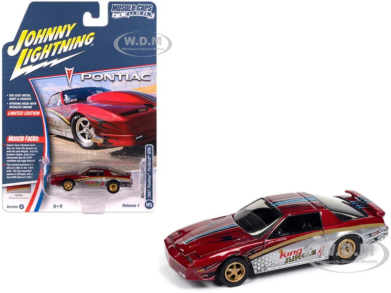 1987 Pontiac Firebird GTA "King of the Jungle" Red and Silver Metallic with Graphics "Muscle Cars USA" Series 1/64 Diecast Model Car by Johnny Lightning - Pontiac Models