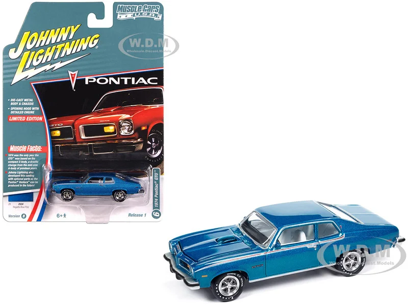 1974 Pontiac GTO Regatta Blue Metallic with White Interior "Muscle Cars USA" Series 1/64 Diecast Model Car by Johnny Lightning - Pontiac Models