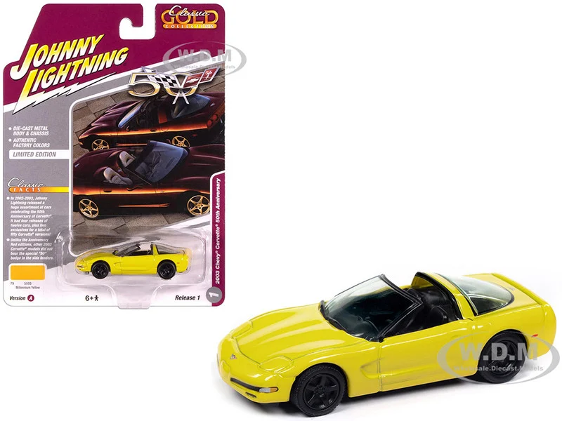 2003 Chevrolet Corvette Convertible "50th Anniversary" Millennium Yellow "Classic Gold Collection" 1/64 Diecast Model Car by Johnny Lightning - Chevrolet Models