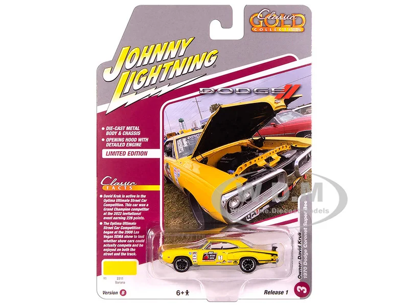 1970 Dodge Coronet Super Bee #1 "David Kruk" Banana Yellow with Black Stripes and Top "Classic Gold Collection" 1/64 Diecast Model Car by Johnny Lightning - Dodge Models