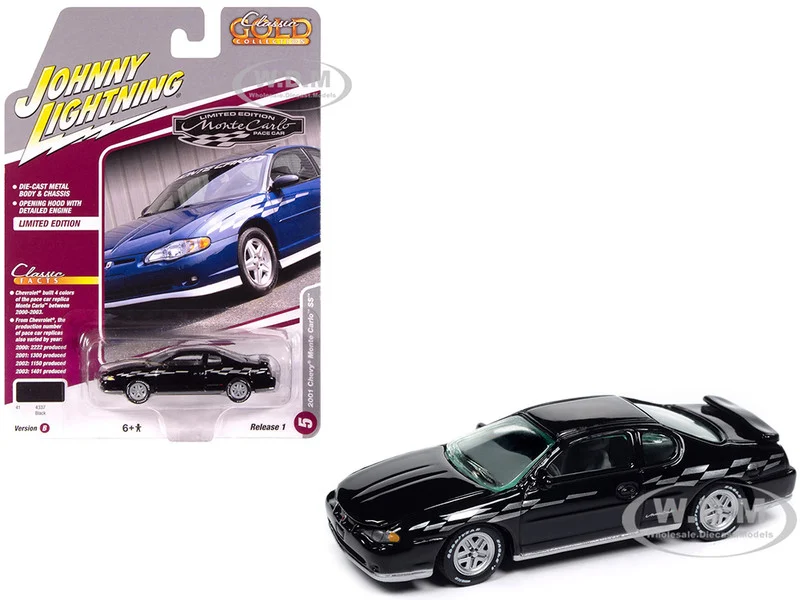2001 Chevrolet Monte Carlo SS Black with Silver Graphics "Classic Gold Collection" 1/64 Diecast Model Car by Johnny Lightning - Chevrolet Models