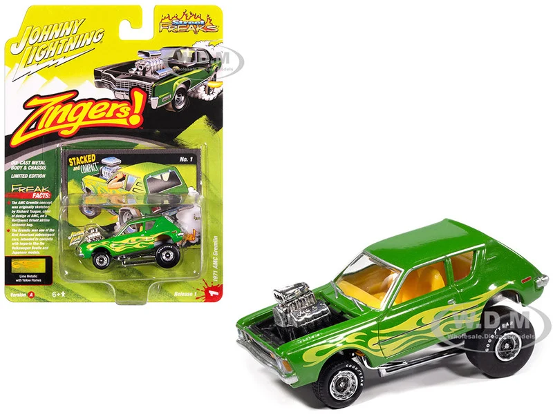 1971 AMC Gremlin Lime Green Metallic with Yellow Flames and Interior "Zingers!" Series 1/64 Diecast Model Car by Johnny Lightning - AMC Models