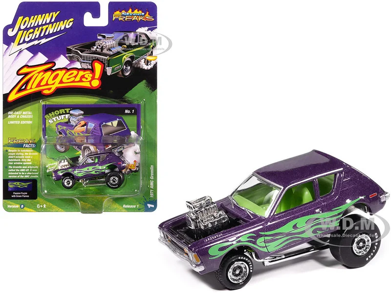 1971 AMC Gremlin Passion Purple Metallic with Green Flames and Interior "Zingers!" Series 1/64 Diecast Model Car by Johnny Lightning - AMC Models
