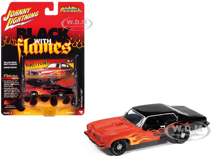1974 Pontiac GTO Black and Red with Flame Graphics "Black with Flames" Series 1/64 Diecast Model Car by Johnny Lightning - Pontiac Models