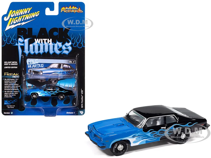 1974 Pontiac GTO Black and Blue with Blue Flame Graphics with White Interior "Black with Flames" Series 1/64 Diecast Model Car by Johnny Lightning - Pontiac Models