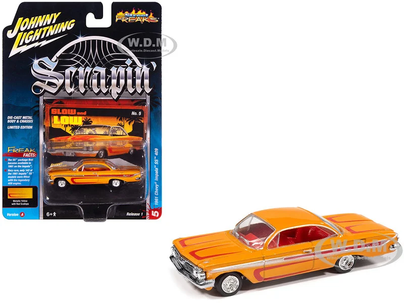 1961 Chevrolet Impala SS 409 Yellow Metallic with Red Stripes and Interior "Scrapin" Series 1/64 Diecast Model Car by Johnny Lightning - Chevrolet Models
