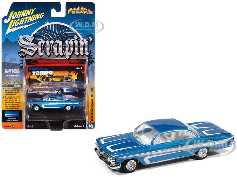 1961 Chevrolet Impala SS 409 Blue Metallic with White Stripes and Interior "Scrapin'" Series 1/64 Diecast Model Car by Johnny Lightning - Chevrolet Models