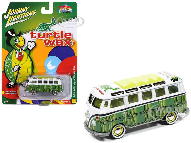 1965 Volkswagen Samba Bus "Turtle Wax" White and Green with Graphics "Pop Culture" 2025 Release 1 1/64 Diecast Model Car by Johnny Lightning - Volkswagen Models