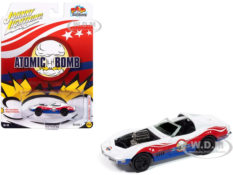 1969 Chevrolet Corvette "Atomic Bomb" White with Red and Blue Graphics "Stuntman Mike's Ride Along Racing" "Pop Culture" 2025 Release 1 1/64 Diecast Model Car by Johnny Lightning - Chevrolet Models