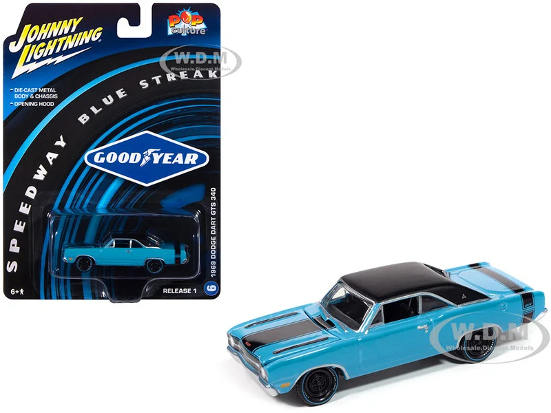 1969 Dodge Dart GTS 340 Blue with Black Top and Stripes "Goodyear Blue Streak" "Pop Culture" 2025 Release 1 1/64 Diecast Model Car by Johnny Lightning - Dodge Models