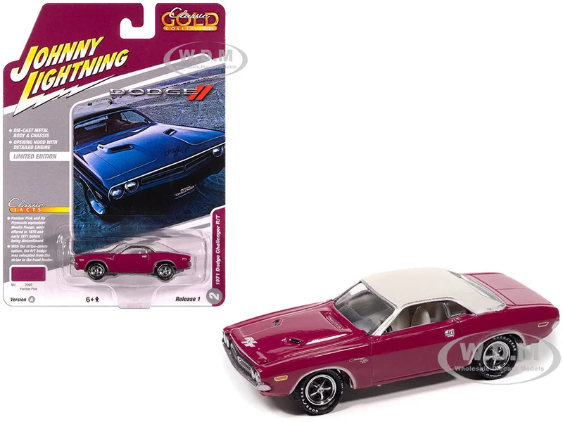 1971 Dodge Challenger R/T Panther Pink with White Top and Interior "Classic Gold Collection" 1/64 Diecast Model Car by Johnny Lightning - Dodge Models