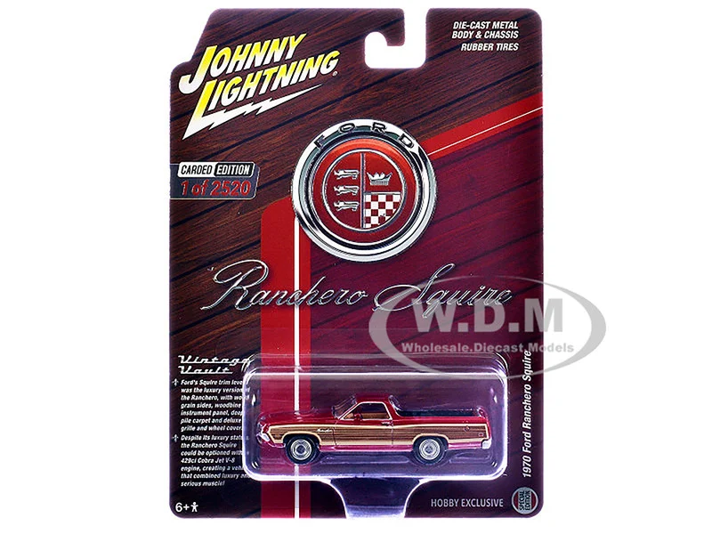 1970 Ford Ranchero Squire Red with Woodgrain Sides "Hobby Exclusive" Series Limited Edition to 2520 pieces Worldwide 1/64 Diecast Model Car by Johnny Lightning - Ford Models