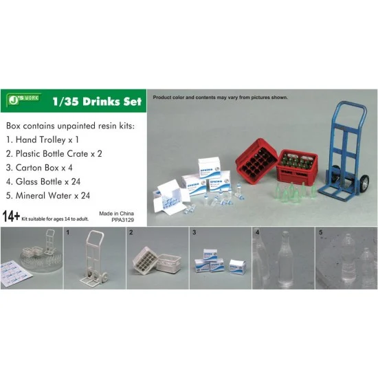 J's Work PPA3129 1/35 Drinks Set (Hand Trolley+Plastic Bottle Crate+Carton Box+Glass Bottle+Mineral Water) - Scenics & Diorama