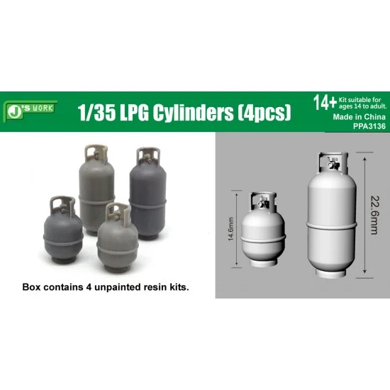 J's Work PPA3136 1/35 LPG Cylinders (4 resin kits in 2 different sizes, height: 22.6mm & 14.6mm) - Scenics & Diorama