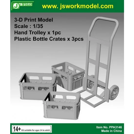J's Work PPA3146 1/35 Hand Trolley (1pc) & Plastic Bottle Crates (3pcs) 3D Print Resin - Scenics & Diorama