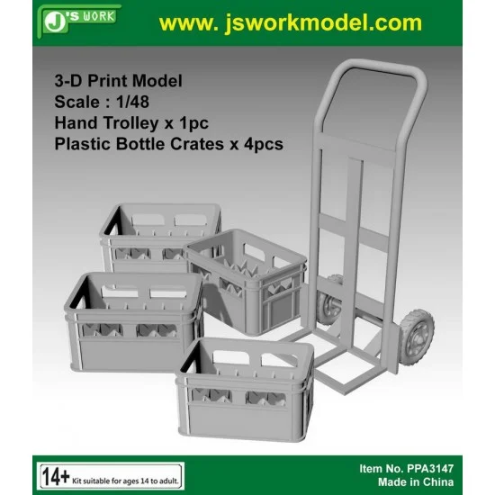J's Work PPA3147 1/48 Hand Trolley (1pc) & Plastic Bottle Crates (4pcs) 3D Print Resin - Scenics & Diorama
