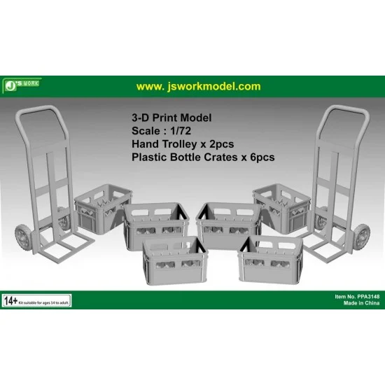 J's Work PPA3148 1/72 Hand Trolley (2pcs) & Plastic Bottle Crates (6pcs) 3D Print Resin - Scenics & Diorama