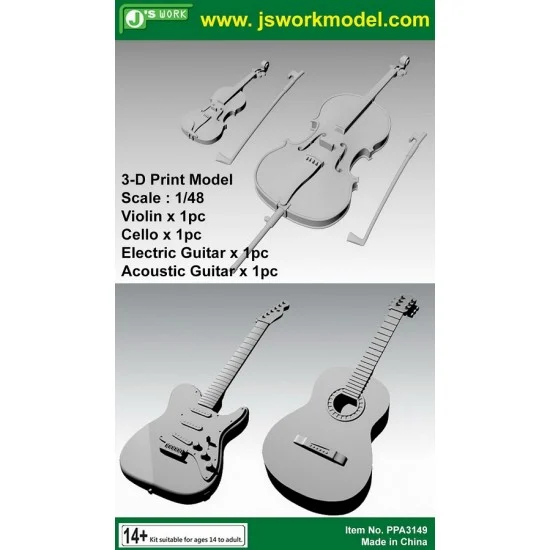 J's Work PPA3149 1/48 Violin (1pc), Cello (1pc), Electric Guitar (1pc) & Acoustic Guitar (1pc) - Scenics & Diorama