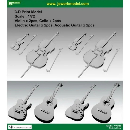 J's Work PPA3150 1/72 Violin (2pcs), Cello (2pcs), Electric Guitar (2pcs) & Acoustic Guitar (2pcs) - Scenics & Diorama