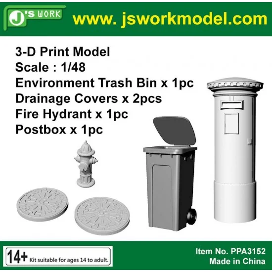 J's Work PPA3152 1/48 3D Print Environment Trash Bin, Drainage Covers (2pcs), Fire Hydrant, Postbox - Scenics & Diorama