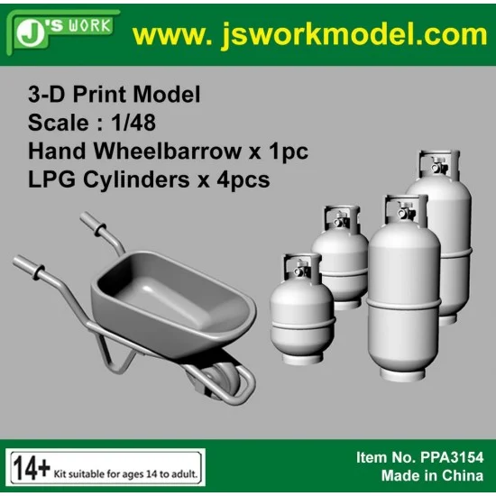 J's Work PPA3154 1/48 3D Print Hand Wheelbarrow, LPG Cylinders - Scenics & Diorama