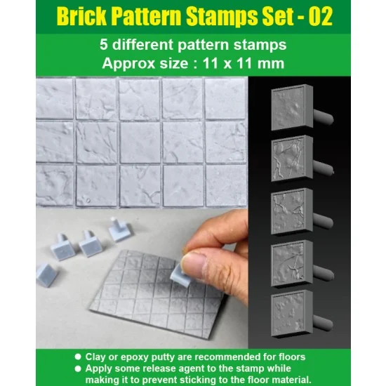 J's Work PPA3163 Brick Pattern Stamps Set #02 (11mm x 11mm, 5 different pattern) - Scenics & Diorama