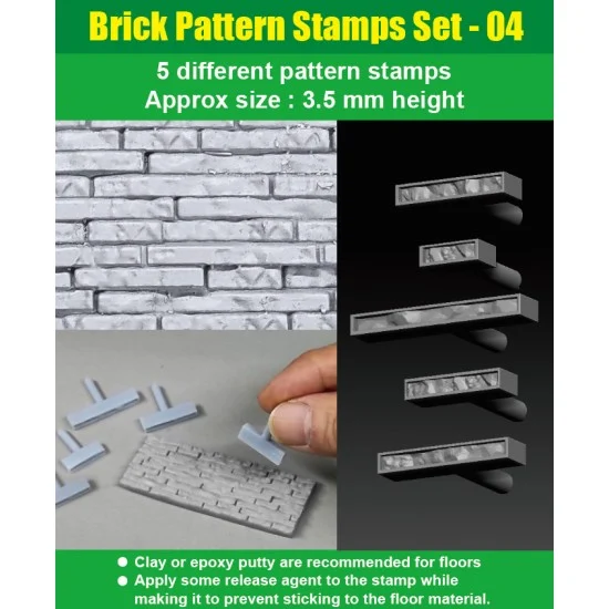 J's Work PPA3165 Brick Pattern Stamps Set #04 (3.5mm height, 5 different pattern) - Scenics & Diorama