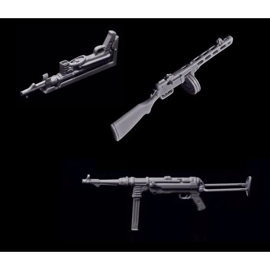 1120 Production Z-18 1/35 WWII Sub Machine Gun Set: PPSH & MP40 w/Shoulder Stocks & Vehicle Mount