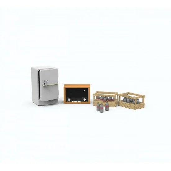 KA Models KA-24013 1/24 1960-70's Accessory Set B: Fridge, Radio, Drink Bottle Crates